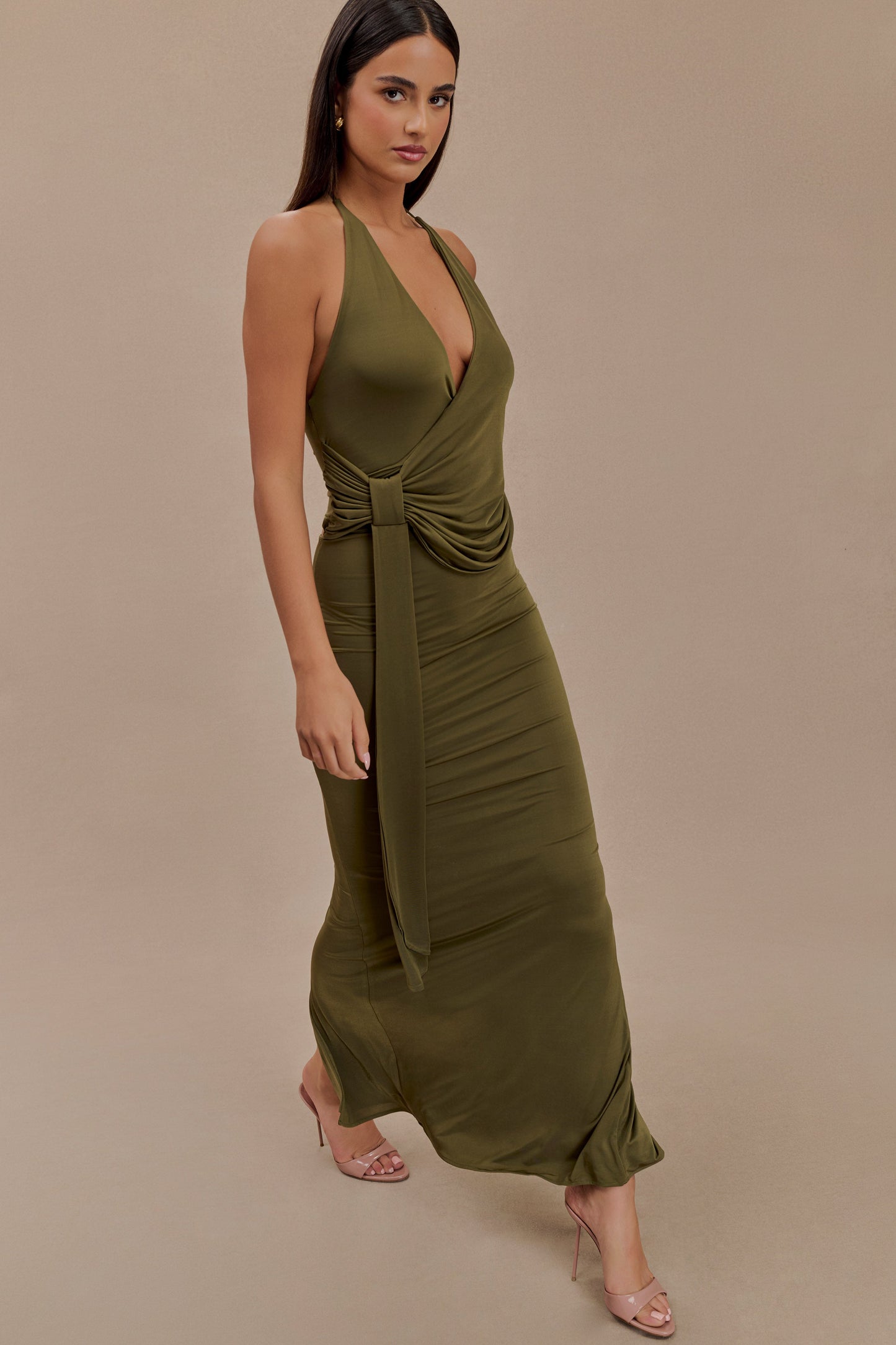 Tyla Draped Slinky Halter Maxi Dress - Dark Olive